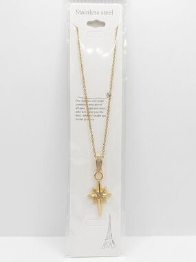 Gold Toned Starburst Pendant Necklace - Stainless Steel